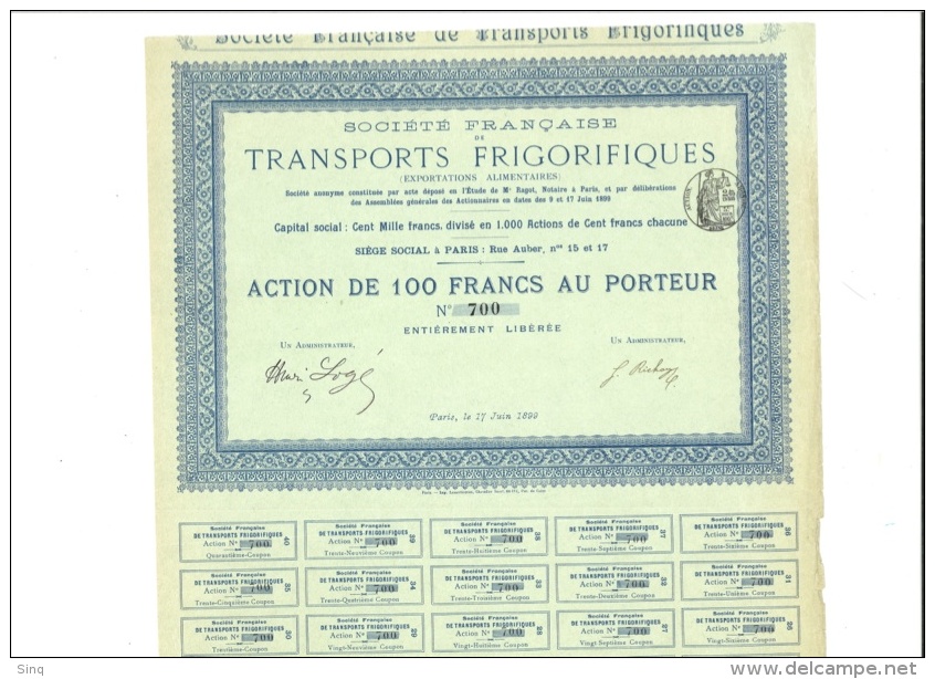 Transports Frigorifiques - Action De 100 Francs 17 Juin 1899 - Transports
