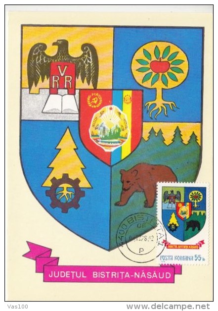 BISTRITA NASAUD COUNTY COAT OF ARMS, CM, MAXICARD, CARTES MAXIMUM, 1978, ROMANIA - Sonstige & Ohne Zuordnung