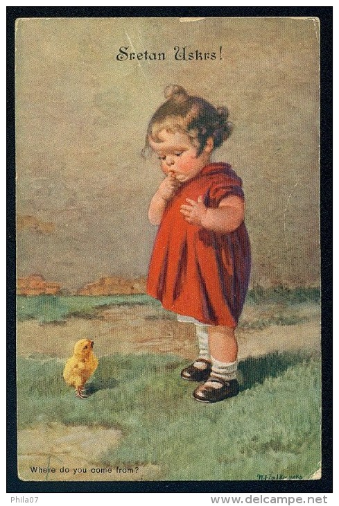 Fialkowska, W. - Sretan Uskrs! Where Do You Come From? - Girl, Small Chicken ----- Postcard Not Traveled - Fialkowska, Wally