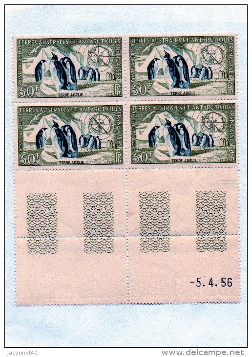 Taaf  Manchots Empereur Timbre Neuf N° 2 PA  Bloc De 4 Coin Daté Du N°5/4/1956 - Unused Stamps