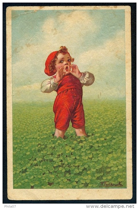 Fialkowska, W. - Boy, Meadow, Clover ----- Postcard Traveled - Fialkowska, Wally