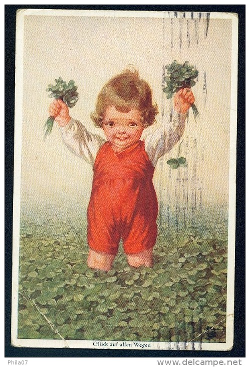 Fialkowska, W. - Gluck Auf Allen Wegen - Boy, Meadow, Clover ----- Postcard Traveled - Fialkowska, Wally