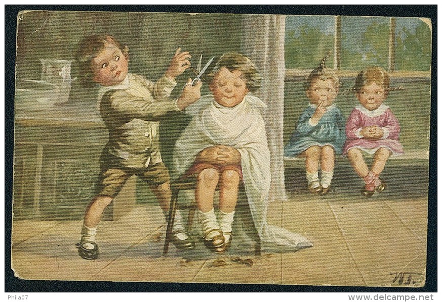 Fialkowska, W. - Children, Hair Cutting ----- Postcard Traveled - Fialkowska, Wally