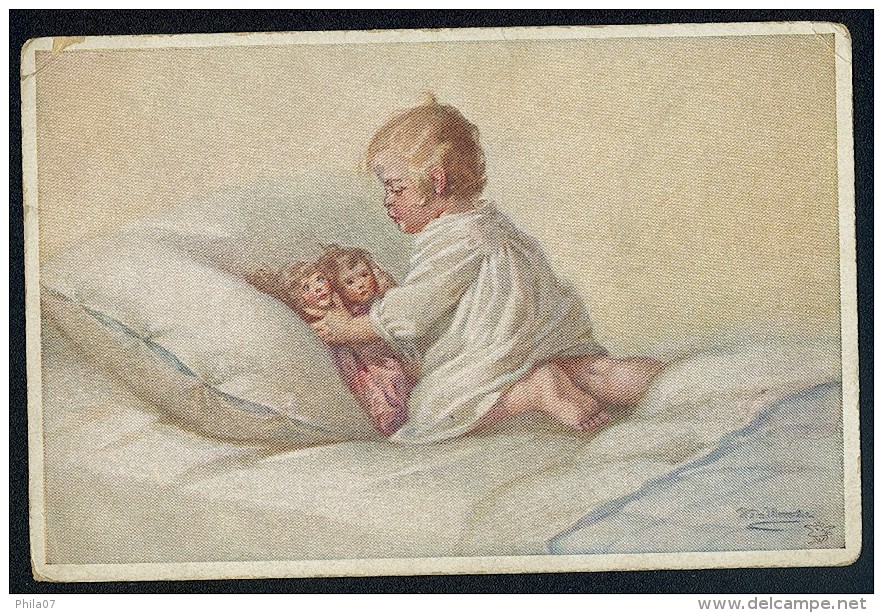 Fialkowska, W. - Baby, Dolls, Bed ----- Postcard Traveled - Fialkowska, Wally