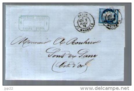 France TP Cérès 60 ? Piquage à Cheval - CAD Paris 1-08-1876 Pour Rouhier Pont De Pany - Lettre LAC Cachet Girard Laines - 1849-1876: Classic Period