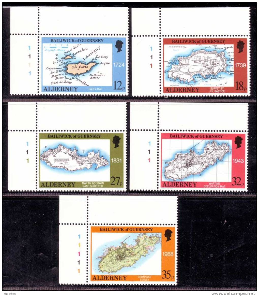 1989 ALDERNY (AURIGNY)  Carte De L'île à Travers Les âges N°37/41 (Yvert) NEUF -Coin De Feuille - Alderney