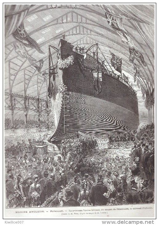 Gravure Ancienne 1876 Portsmouth  PORTSMOUTH  Marine Anglaise  British Navy     Lancement   Chantier Naval - Portsmouth