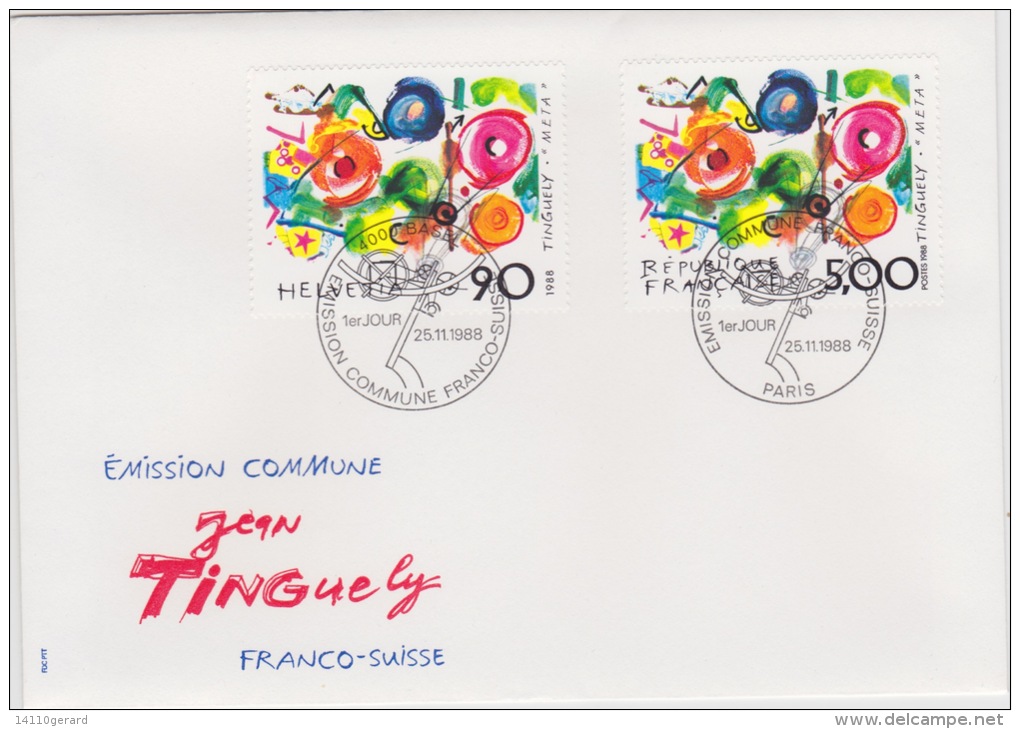 Emission Commune Jean Tinguely  Franco-suisse 1er Jour 25-11-1988 - Storia Postale