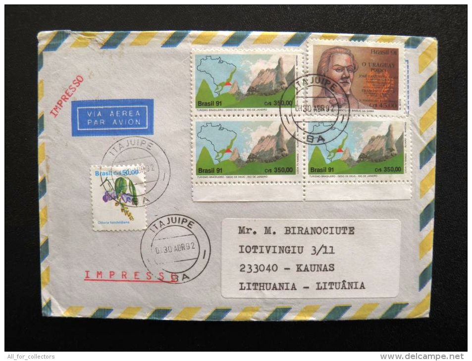 2 Scans, Cover Sent From Brasil To Lithuania On 1992 Map Mountain Rock - Cartas & Documentos