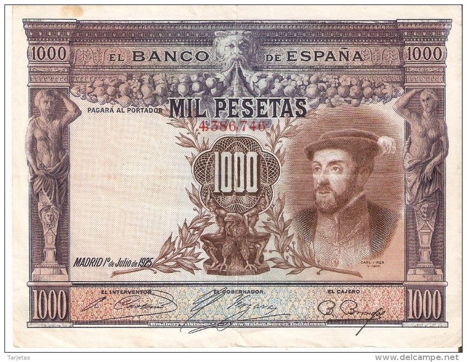 BILLETE DE ESPAÑA DE 1000 PTAS DEL AÑO 1925 DE CARLOS I CALIDAD MBC  SIN SERIE (BANKNOTE) - 1000 Pesetas