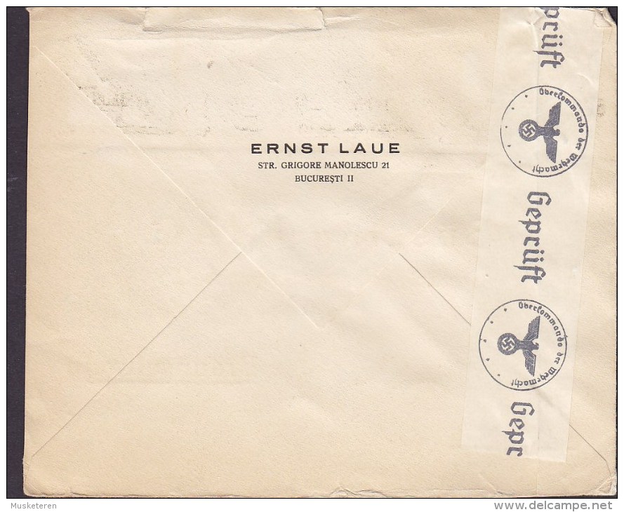 Romania ERNST LAUE, BUCURESTI 1943 Cover Brief BRAUNSCHWEIG Germany Zensur Censor Label 3-Stripe King Karl II. (2 Scans) - Lettres 2ème Guerre Mondiale