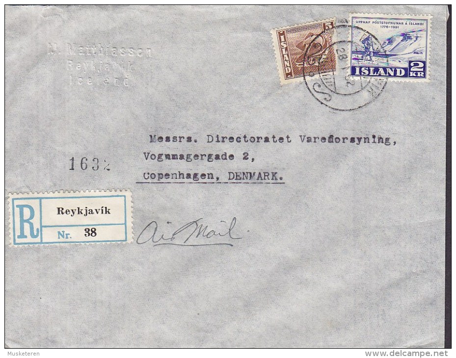 Iceland M. MATTHIASSON Registered Einschreiben Label REYKJAVIK 1952 Cover Brief Denmark Fische Fish & Postdienst Stamp - Lettres & Documents