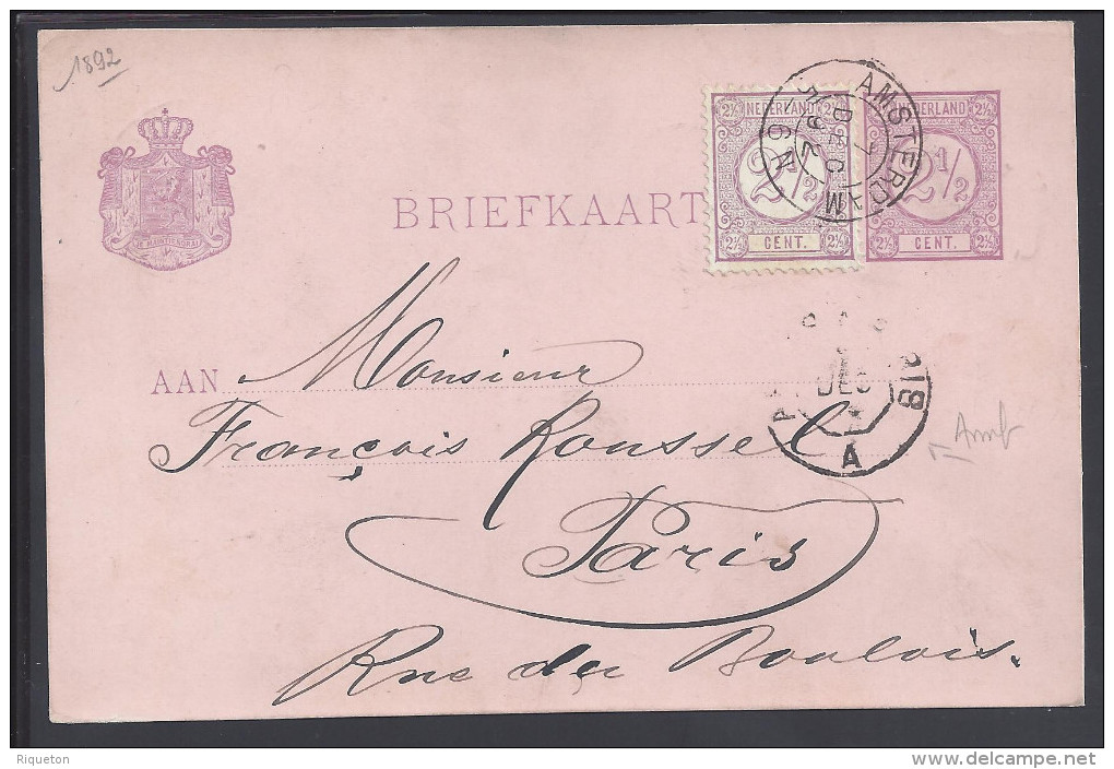 PAYS-BAS - 1892 -  CARTE ENTIER POSTAL AVEC COMPLEMENT D'AFFRANCHISSEMENT DE AMSTERDAM POUR PARIS - - Postal Stationery