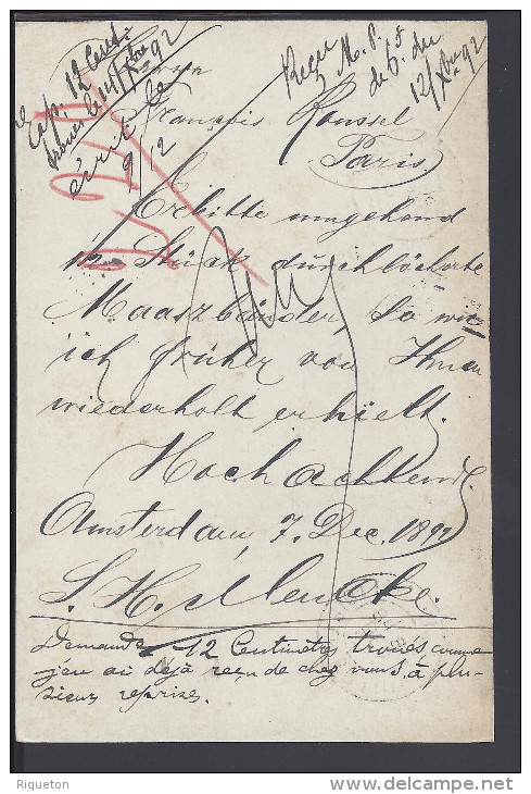 PAYS-BAS - 1892 -  CARTE ENTIER POSTAL AVEC COMPLEMENT D'AFFRANCHISSEMENT DE AMSTERDAM POUR PARIS - - Postal Stationery