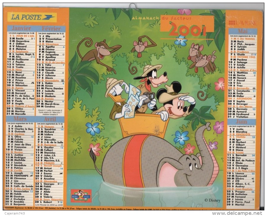 Almanach Du Facteur. LA POSTE. Calendrier  LAVIGNE 2001. Walt Disney : MICKEY - DONALD - DINGO - PLUTO - Grand Format : 2001-...