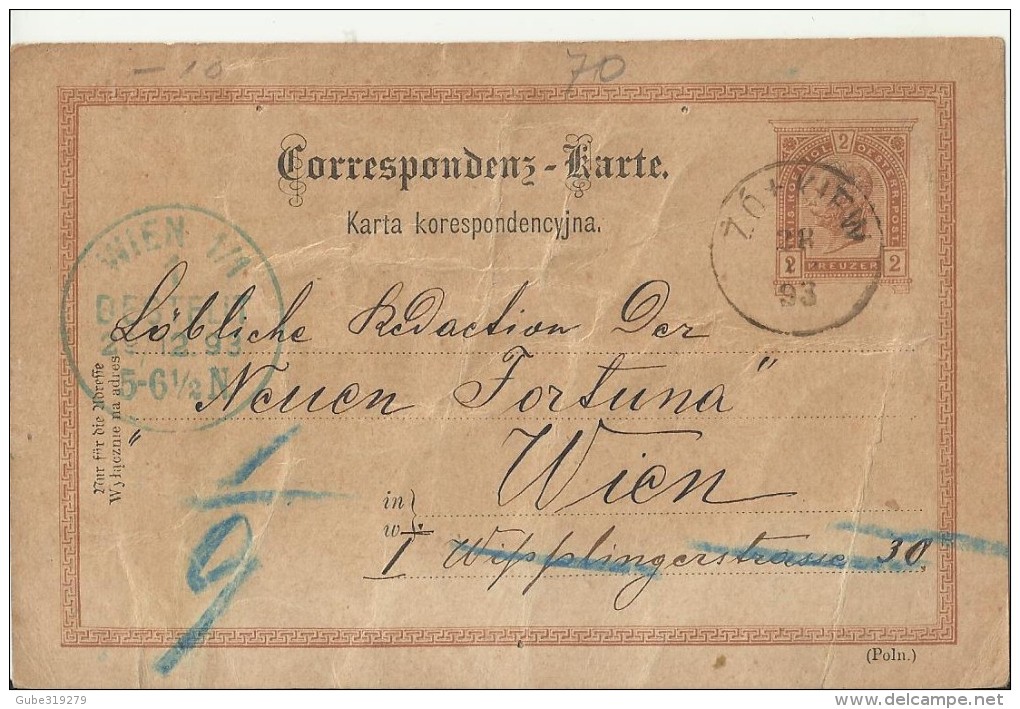 POLAND ?? 1893 - PRESTAMPED POSTAL CARD OF 2 KREUZER POSTM ZOLKIEW DEC 28,1893 + ARRIVAL POSTM DEC 29,1893 REJAL040 - ...-1860 Voorfilatelie