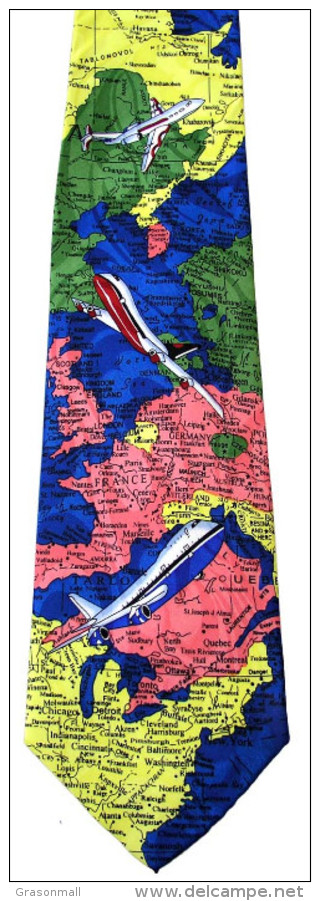 Airline Route Map Aviation Airplane Transport BLUE Silk Cartoon Novelty Fancy NECK TIE - Other & Unclassified