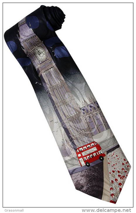 Elizabeth Big Ben London Clock Tower Double Decker Bus Silk Cartoon Novelty Fancy NECK TIE - Other & Unclassified