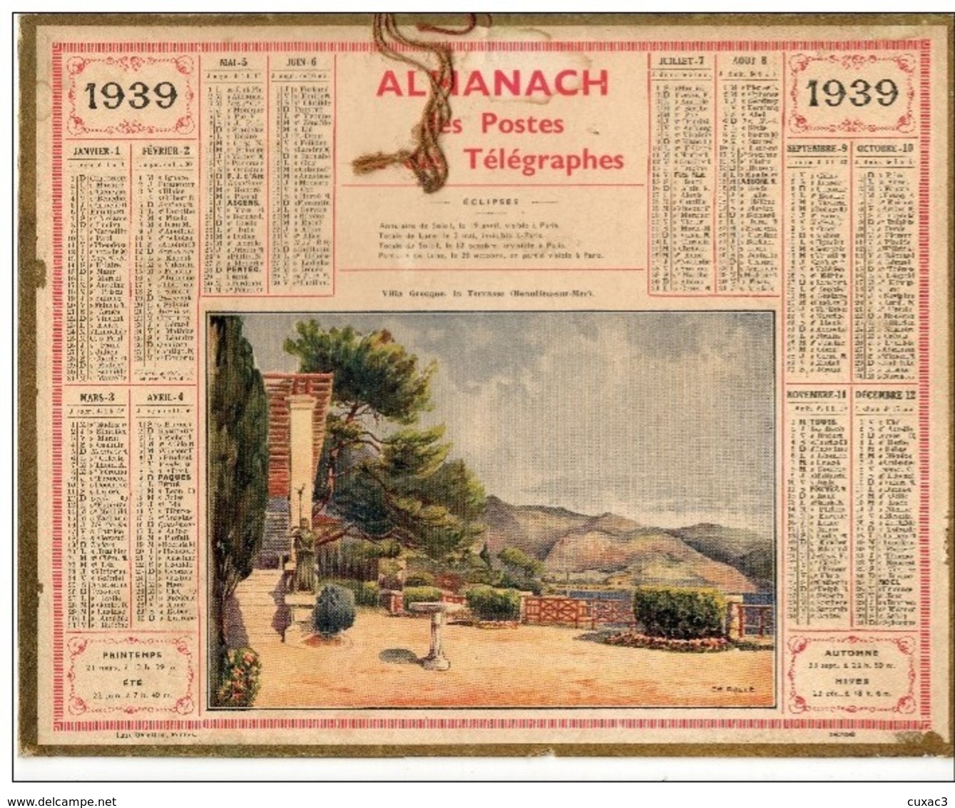 Almanach Des Postes Et Télégraphes 1939  - Villa Gecque La Terrasse Beaulieu Sur Mer - Département Aude - - Grand Format : 1921-40