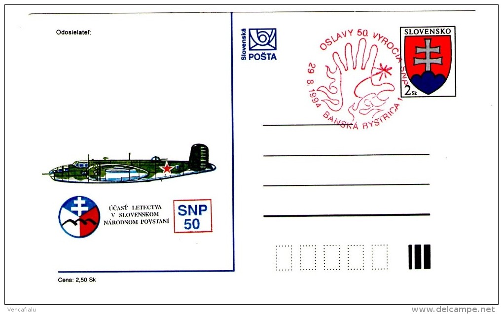 Slovakia 1994 - 50 Yers From Slovak National Uprising, Special Postal Stationery With Red Postmark - Postcards