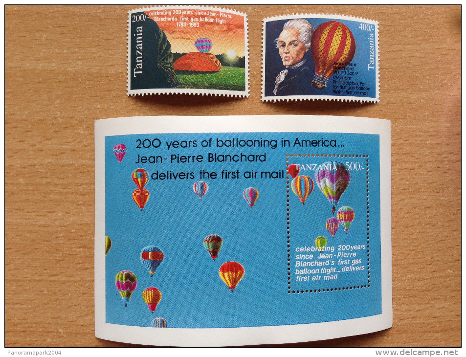 Tanzania 1993 Hot Air Balloon Ballon Montgolfière Heißluftballon Blanchard 2 Stamps + 1 Souvenir Sheet MNH** - Tansania (1964-...)