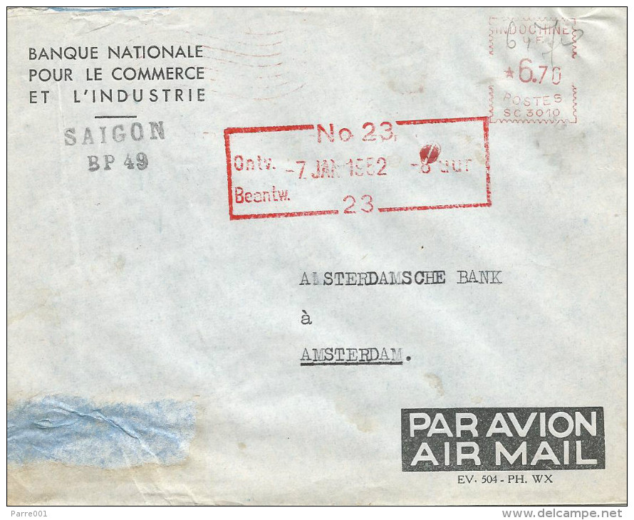 Indochine Vietnam 1952 Saigon Meter Franking Satas “SC” 3010 EMA Cover - Brieven En Documenten