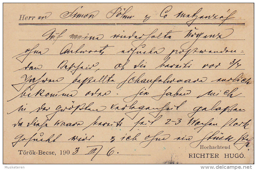 Hungary Ungarn RICHTER HUGO, Vaskereskedés, Mész, Cement, TÖRÖK-BECSE 1903 Card Carte To Unter - METZENSEIFEN (2 Scans) - Storia Postale