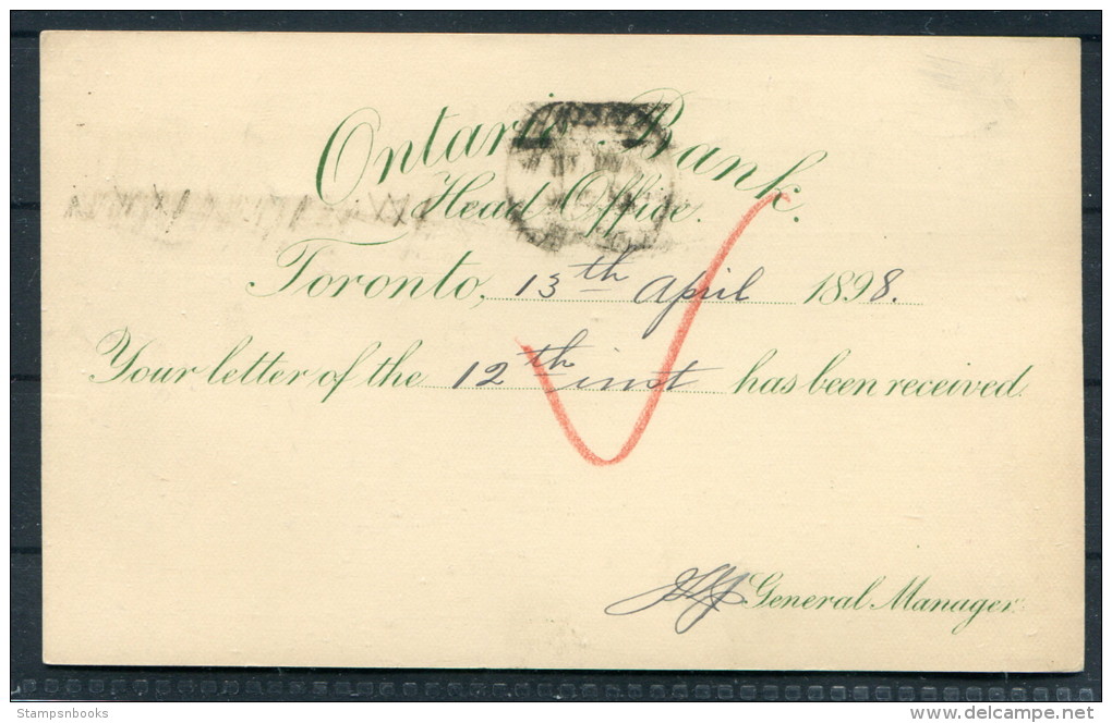 1898 Canada QV Postal Stationery Card Toronto C Flag Cancel Ontario Bank - New Market - 1860-1899 Reinado De Victoria