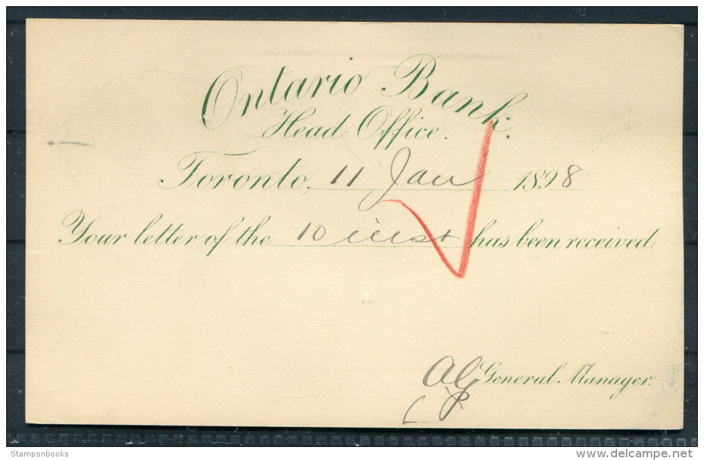 1898 Canada QV Postal Stationery Card Toronto C Flag Cancel Ontario Bank - New Market - 1860-1899 Reign Of Victoria