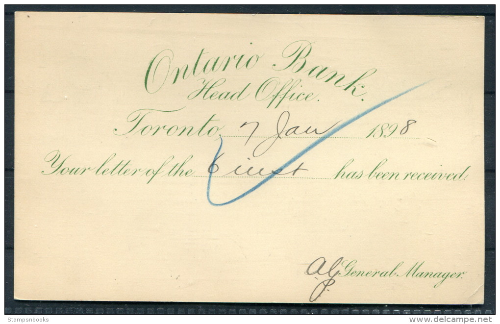 1898 Canada QV Postal Stationery Card Toronto D Flag Cancel Ontario Bank - New Market - 1860-1899 Règne De Victoria