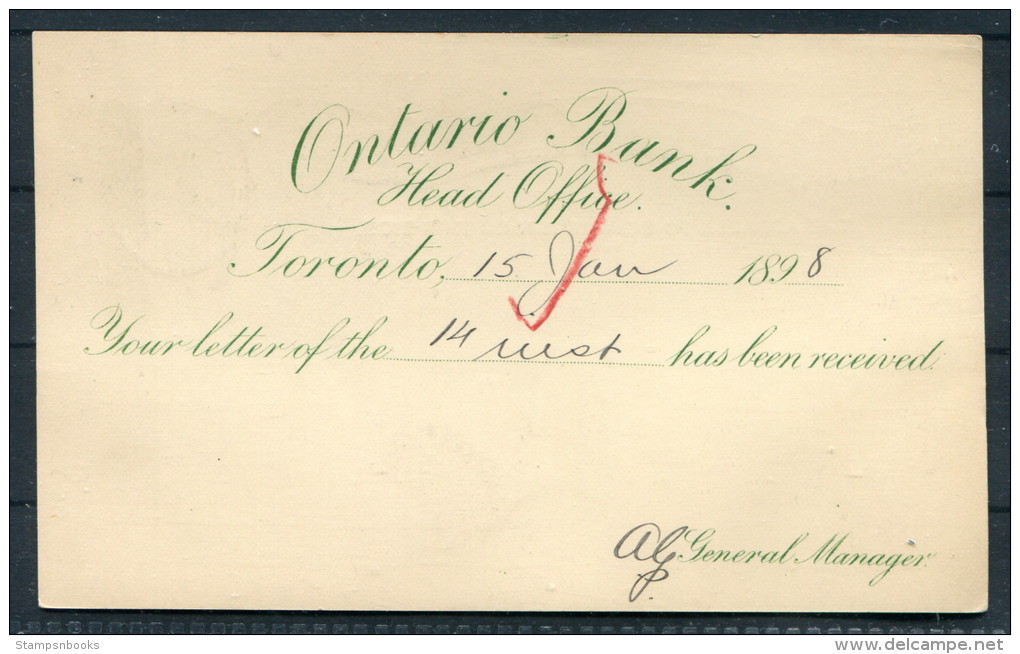 1898 Canada QV Postal Stationery Card Toronto D Flag Cancel Ontario Bank - New Market - 1860-1899 Règne De Victoria