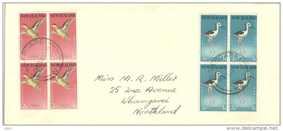 NOUVELLE-ZÉLANDE.Oiseaux Échasse Bariolée & Sarcelle. 2 Blocs De 4 Sur FDC 1959, Oblitération Camp De Whangarei - Storks & Long-legged Wading Birds