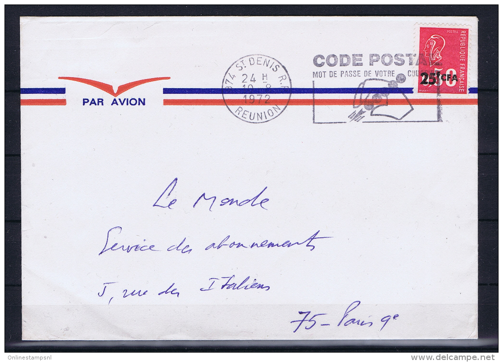 Reunion:  1972 Par Avion A Paris Avec Code Postal Obl. - Lettres & Documents