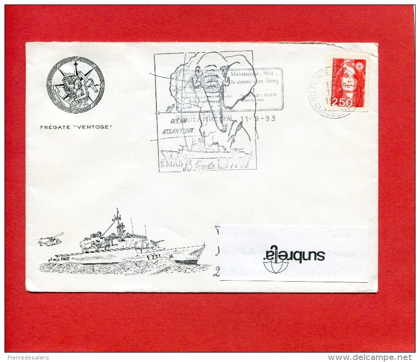 Militaria VP - Enveloppe Frégate VENTOSE  -  Porte Hélicoptère  - Marine - Bateau - Eléphant  - Guadeloupe - Marcophilie - Schiffe