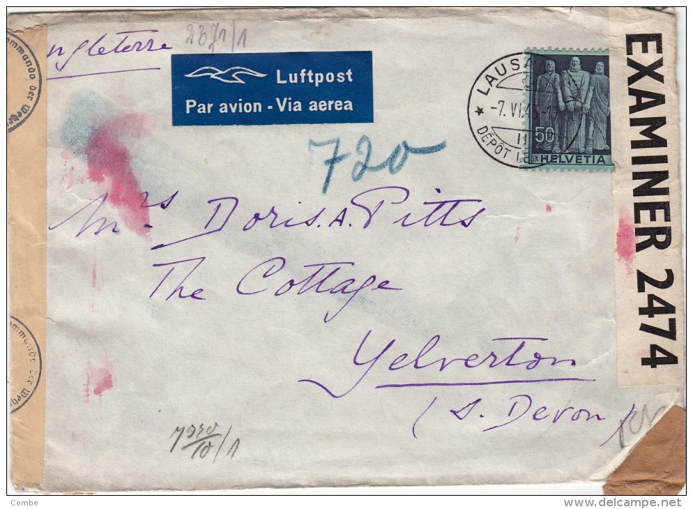 1942, LETTRE SUISSE, CENSURE ALLEMANDE, LAUSANNE Pour YLVERTON  /5262 - Briefe U. Dokumente