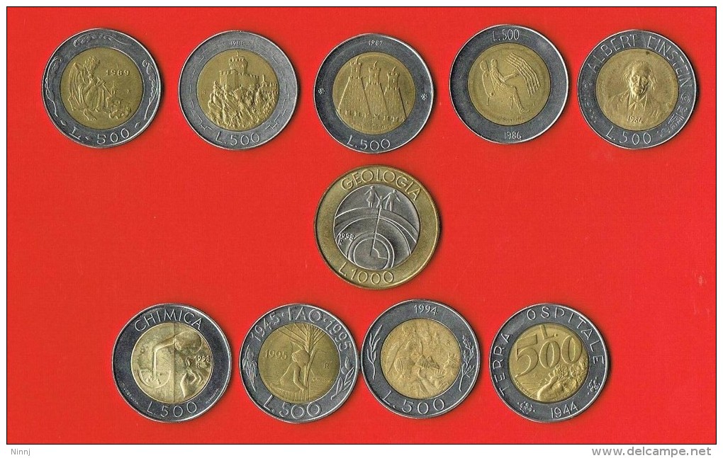 29 - S.Marino -10 Monete £. 500  Tra Cui Una £. 1.000 - 1998  Tutte Bimetalliche - Commémoratives