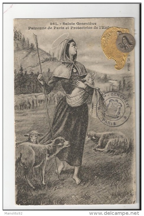 CPA Religion : Sainte Geneviève - Patronne De Paris Et Protectrice De L´enfance (avec Médaille Attachée) - Saints