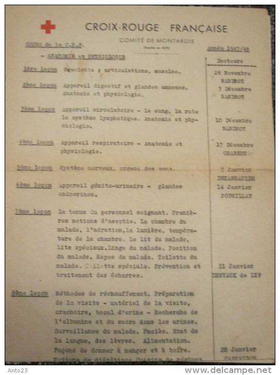 Militaria Croix-Rouge Française Comité De Montargis 1947 1948 Cours De La CRF 31 Lecons Avec Nom Des Docteurs - Documents