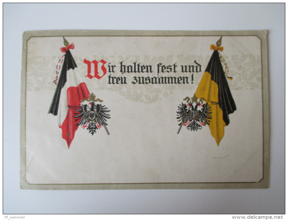 AK / Bildpostkarte / Reliefkarte Feldpost 1915 "Wir Halten Fest Und Treu Zusammen" Fahnen / Wappen / Reichsadler - Guerre 1914-18