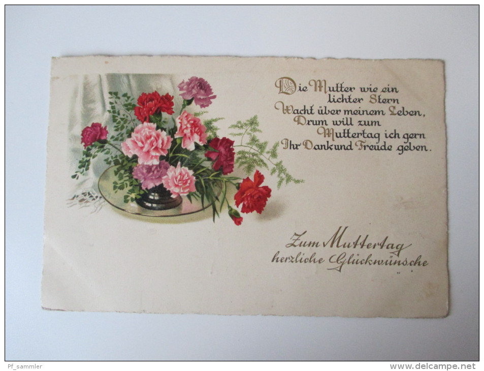 AK / Bildpostkarte 1934 "Zum Muttertag Herzliche Glückwünsche" Gedicht / Blumen Vergiß Nicht Straße Und Hausnummer Anzug - Moederdag