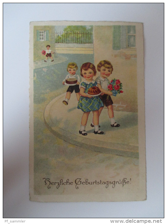 AK / Künstlerkarte 1934 "Herzliche Geburtstagsgrüße" Kinder Mit Blumen Und Kuchen - Anniversaire