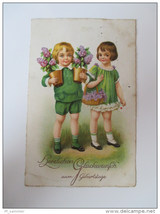 AK / Künstlerkarte 1929 "Herzlichen Glückwunsch Zum Geburtstage" Kinder Mit Blumen Und Brief Werbestempel Hamburg - Anniversaire