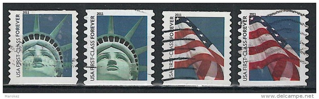 UNITED STATES 2011 Liberty Statue & Flag 4 Postally Used Coil Stamps - Used Stamps