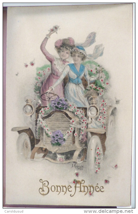 LITHO Couleur Illustrateur KRÄNZLE  KRAENZLE BKWI B.K.W.I. 332 Femme Femmes Fille Dans Voiture Tacot Fleurs Ecrite 1915 - Kraenzle