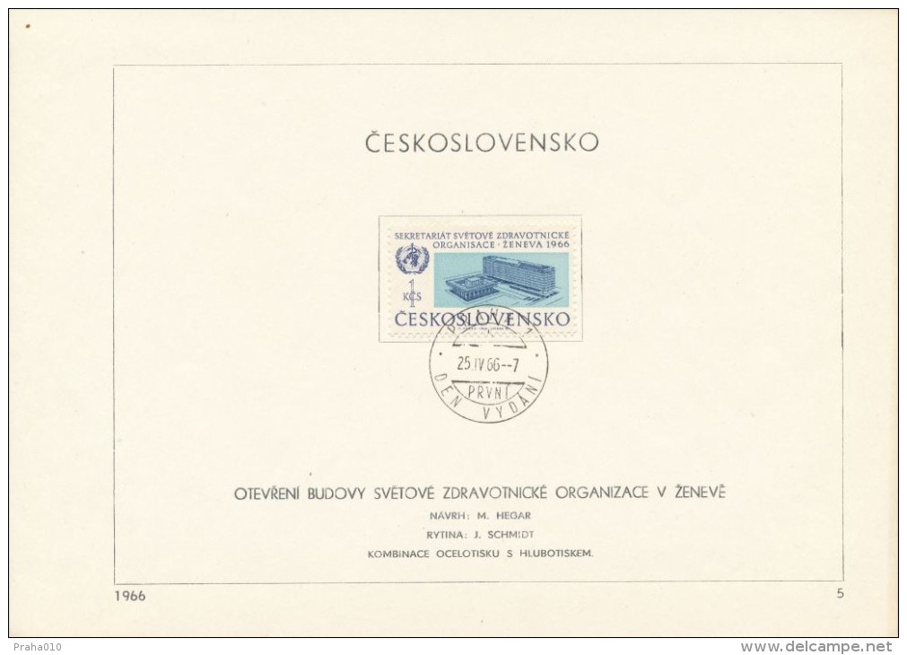 Czechoslovakia / First Day Sheet (1966/05) Praha 1 (b): Opening The WHO Building In Geneva 1966 - WHO