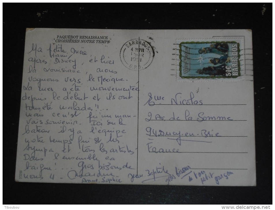 LETTRE BARBADE BARBADOS AVEC YT 801 - NOEL CRECHE - CPM PAQUEBOT RENAISSANCE - CROISIERES NOTRE TEMPS - - Barbados (1966-...)