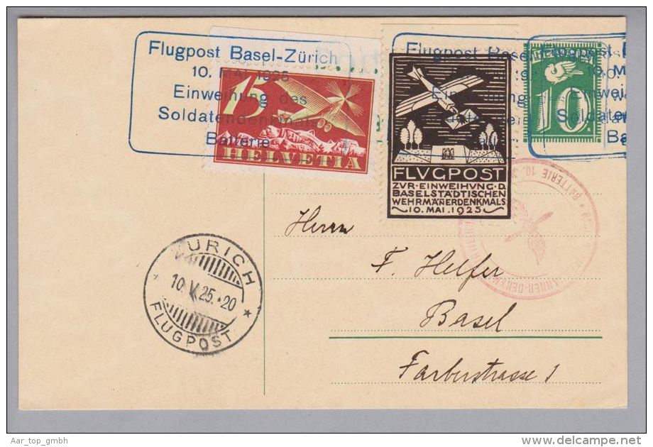 Schweiz Flugpost 1925-05-10 Basel Nach Zürich Soldatendenkmal SF 25.2a - Used Stamps