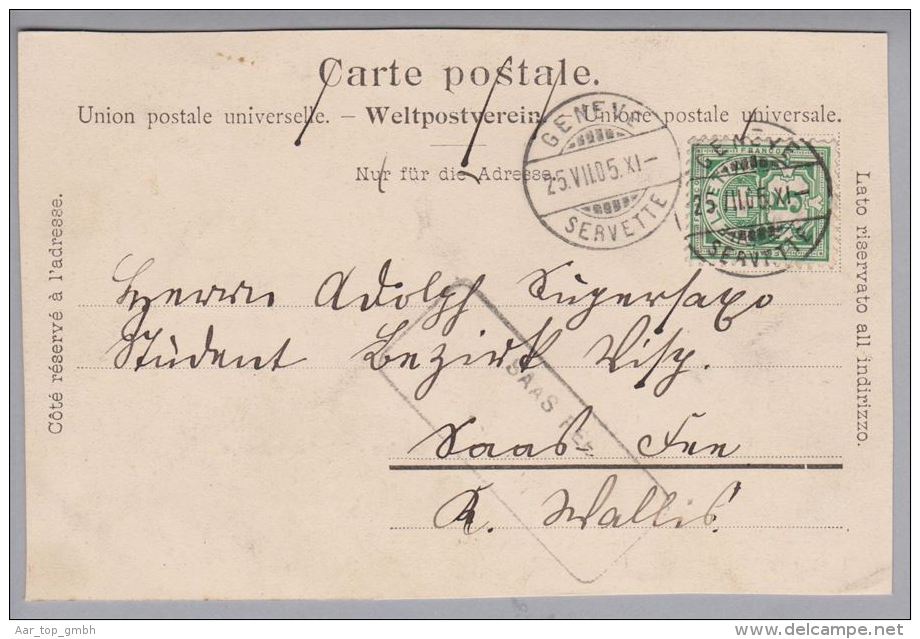 Heimat VS Saas Fee 1905-07-24 Aushilfsstempel Auf AK Von Genève-Servette - Covers & Documents