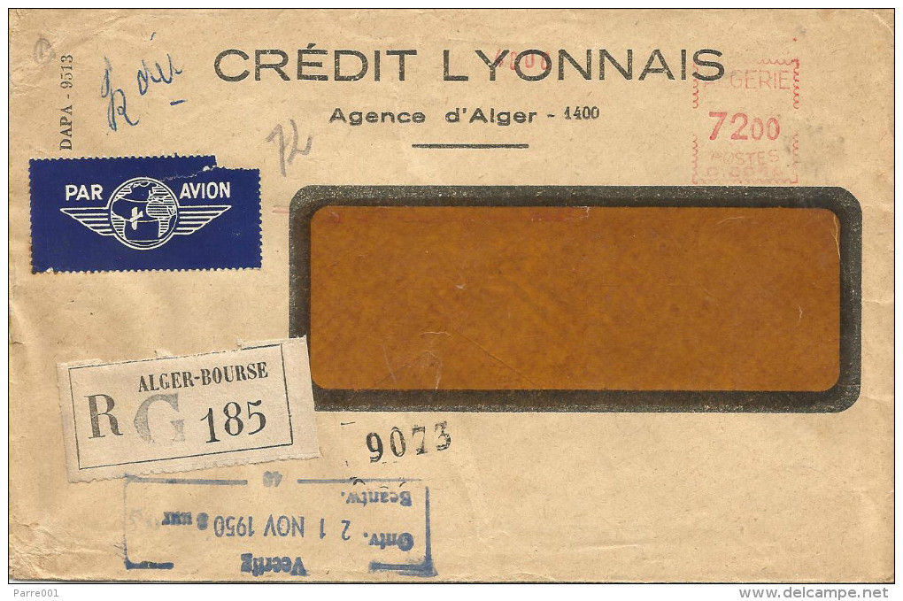 Algerie Algeria 1950 Alger Bourse Meter Franking Havas “C” 0014 EMA Registered Cover - Brieven En Documenten