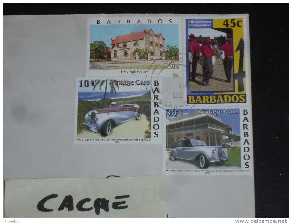 LETTRE BARBADE BARBADOS AVEC YT 1018 1039 1040 1061 - DRAX HALL HOUSE - VOITURE AUTOMOBILE BENTLEY - INDEPENDANCE - - Barbados (1966-...)